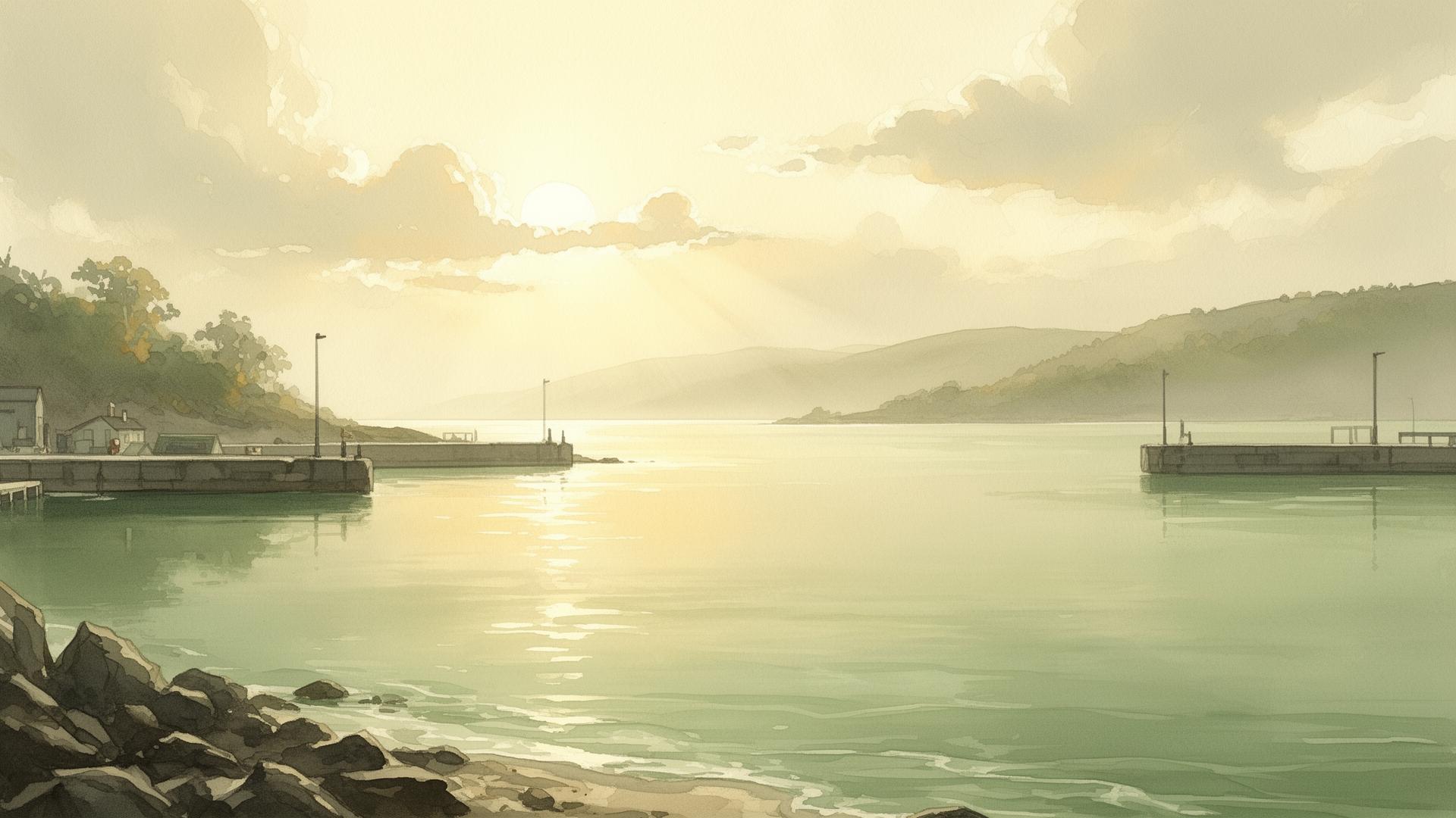 Calm watercolor harbor at golden hour evoking peace and refuge